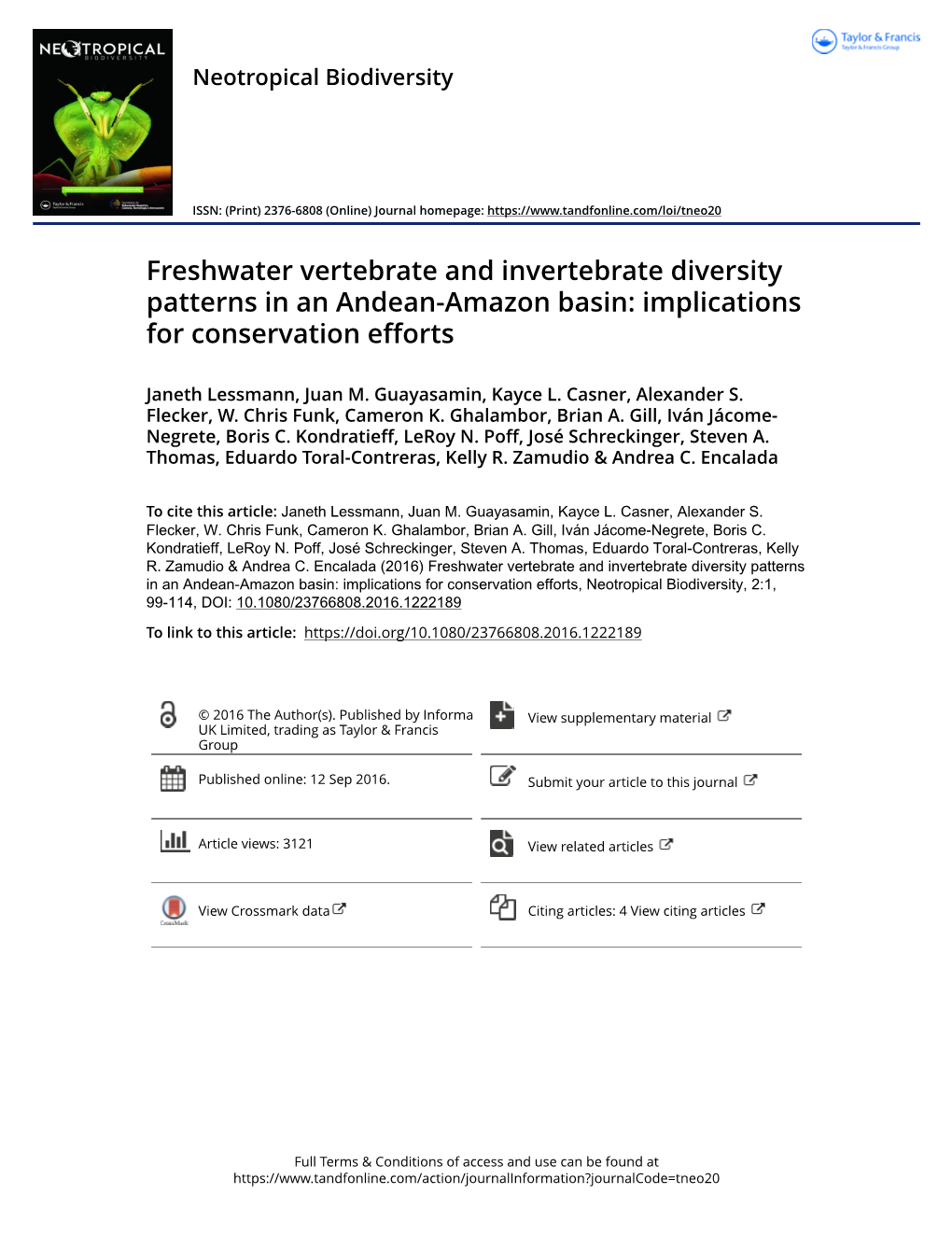 Freshwater Vertebrate and Invertebrate Diversity Patterns in an Andean-Amazon Basin: Implications for Conservation Efforts