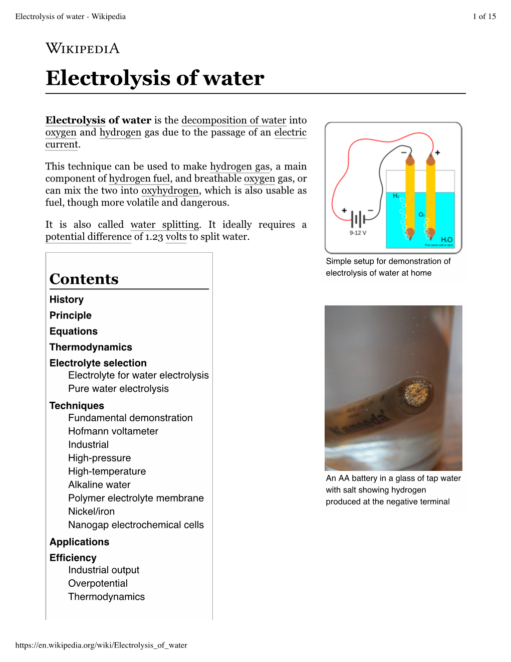 Electrolysis of Water - Wikipedia 1 of 15