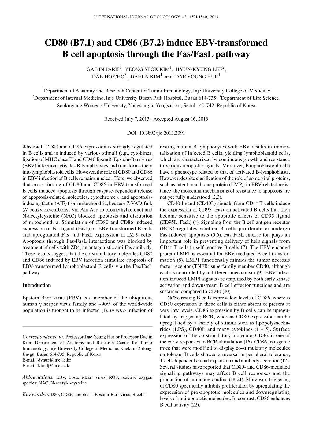 Induce EBV-Transformed B Cell Apoptosis Through the Fas/Fasl Pathway