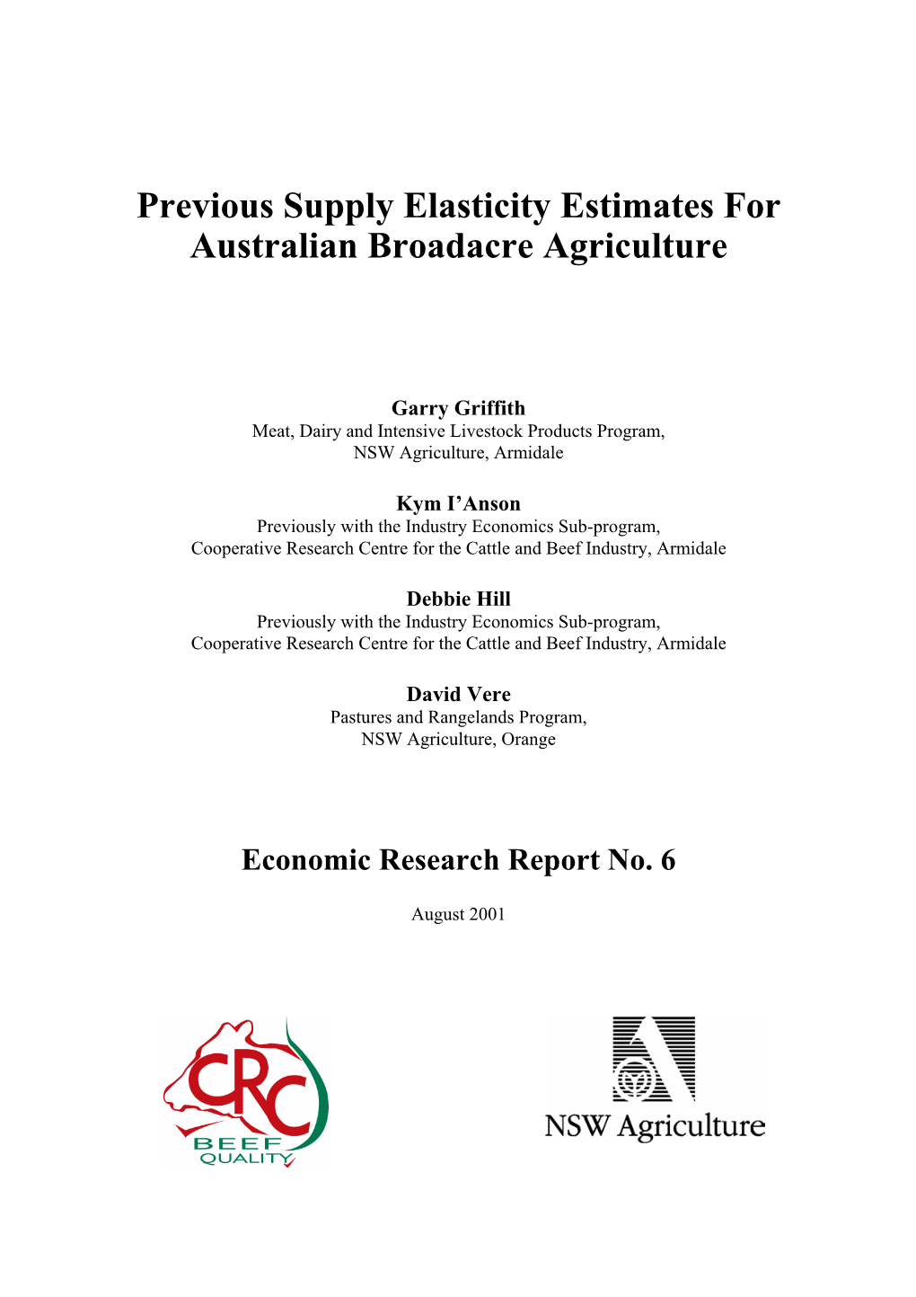 Previous Supply Elasticity Estimates for Australian Broadacre Agriculture