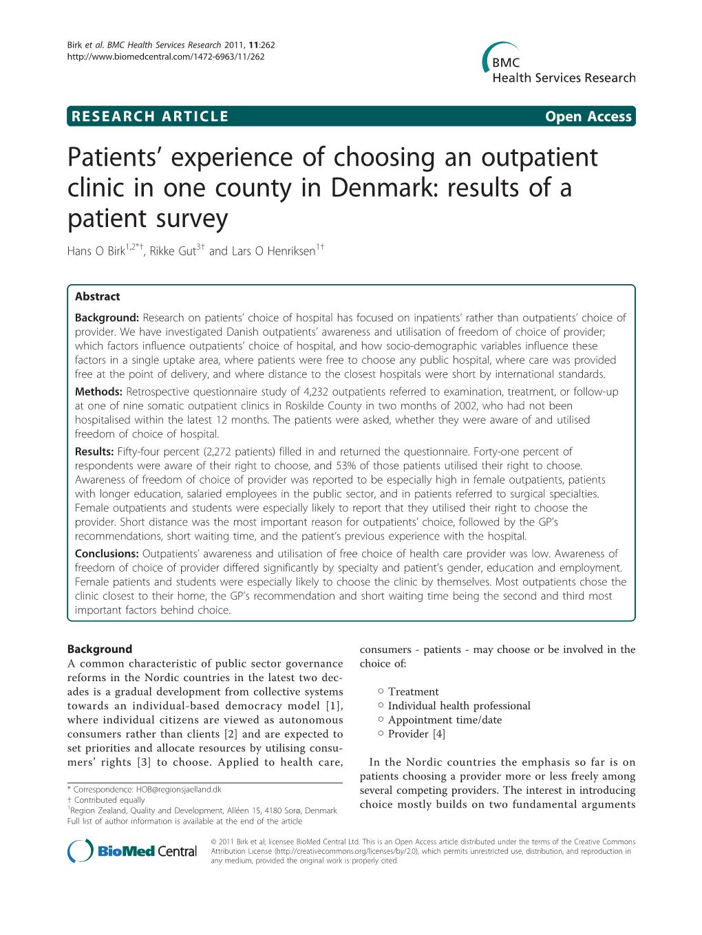 Patients' Experience of Choosing an Outpatient Clinic in One County in Denmark