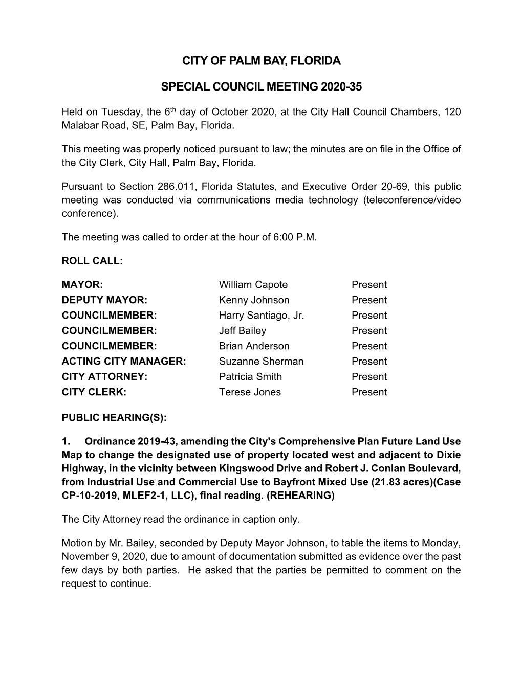 City of Palm Bay, Florida, October 6, 2020 Special Council Meeting