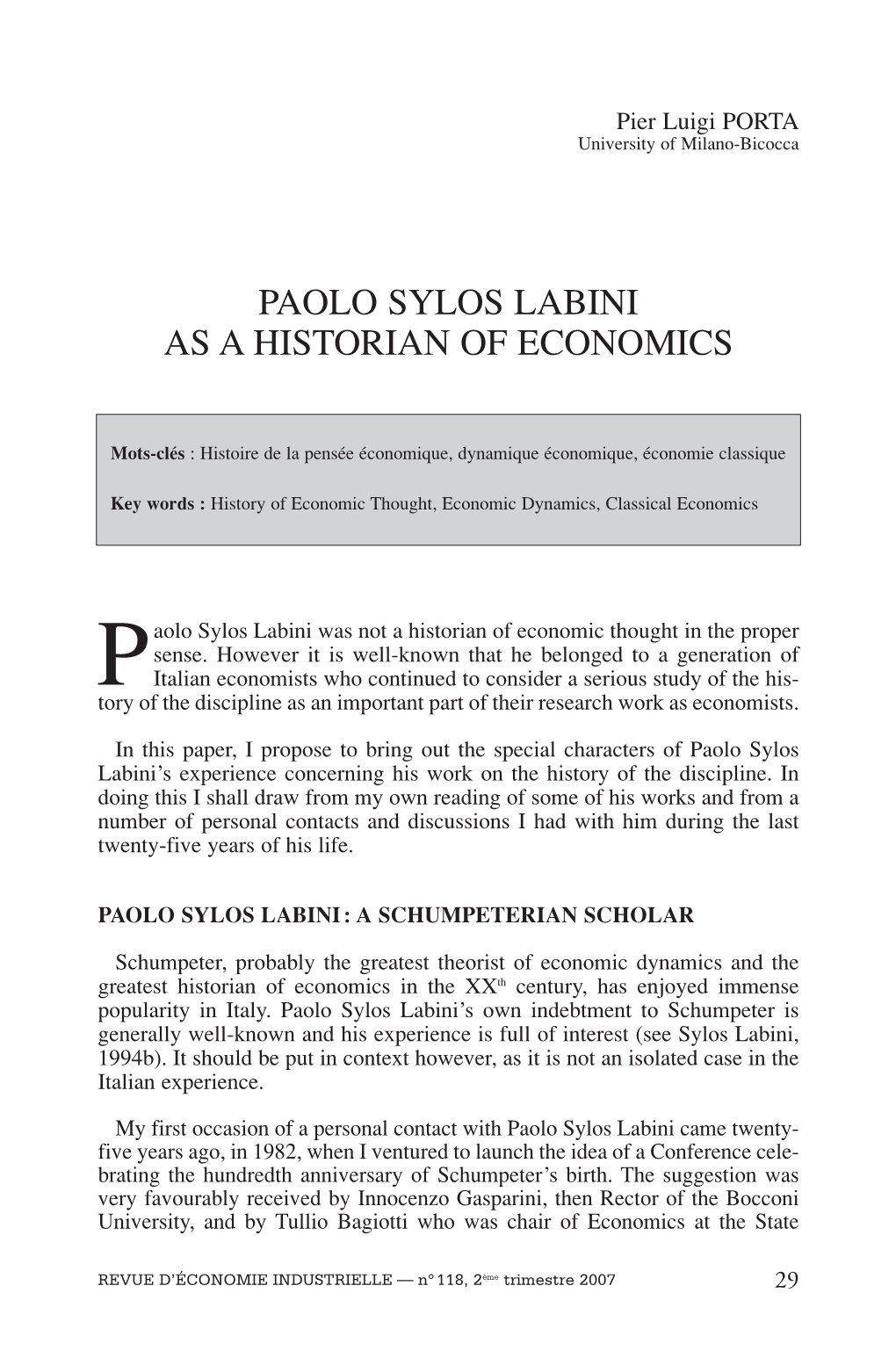 Paolo Sylos Labini As a Historian of Economics