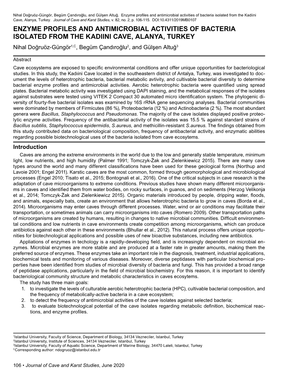 Enzyme Profiles and Antimicrobial Activities of Bacteria Isolated from the Kadiini Cave, Alanya, Turkey