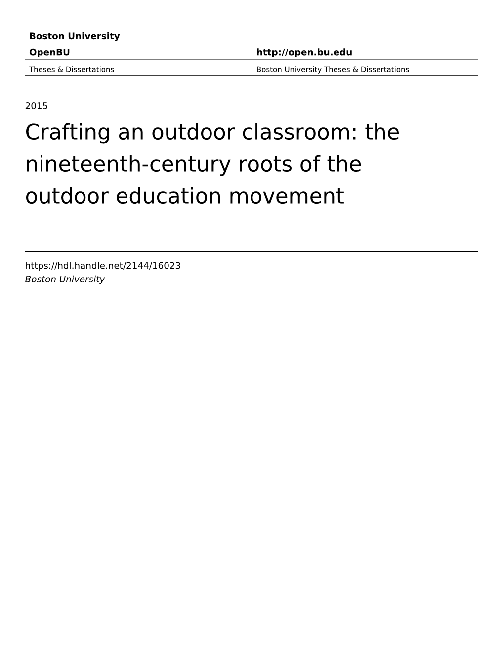 The Nineteenth-Century Roots of the Outdoor Education Movement