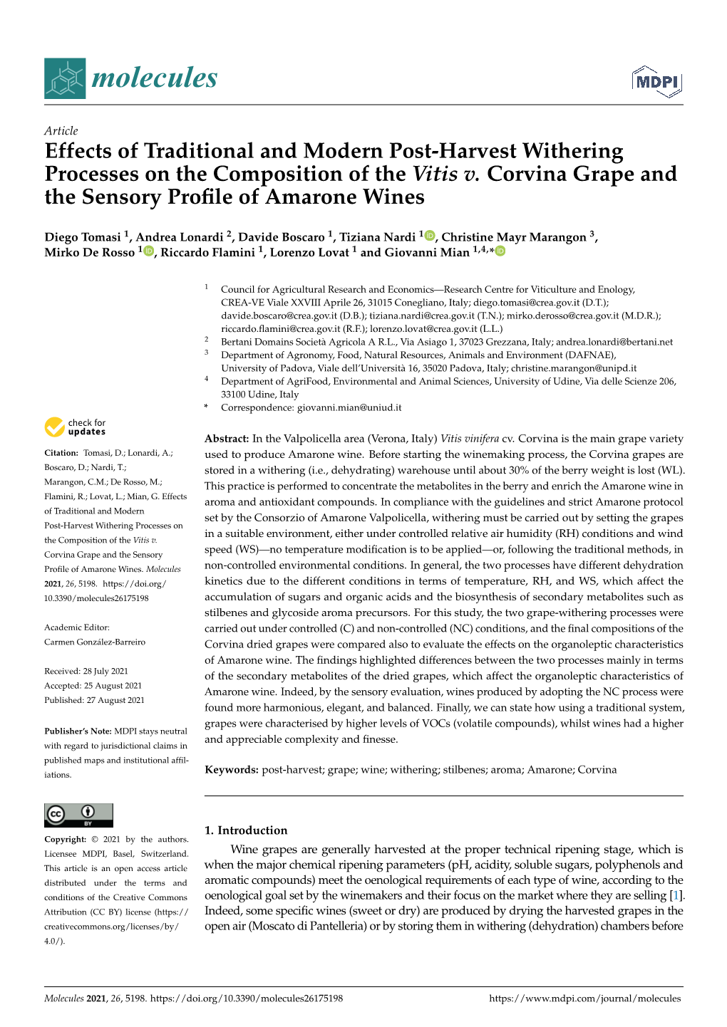 Effects of Traditional and Modern Post-Harvest Withering Processes on the Composition of the Vitis V