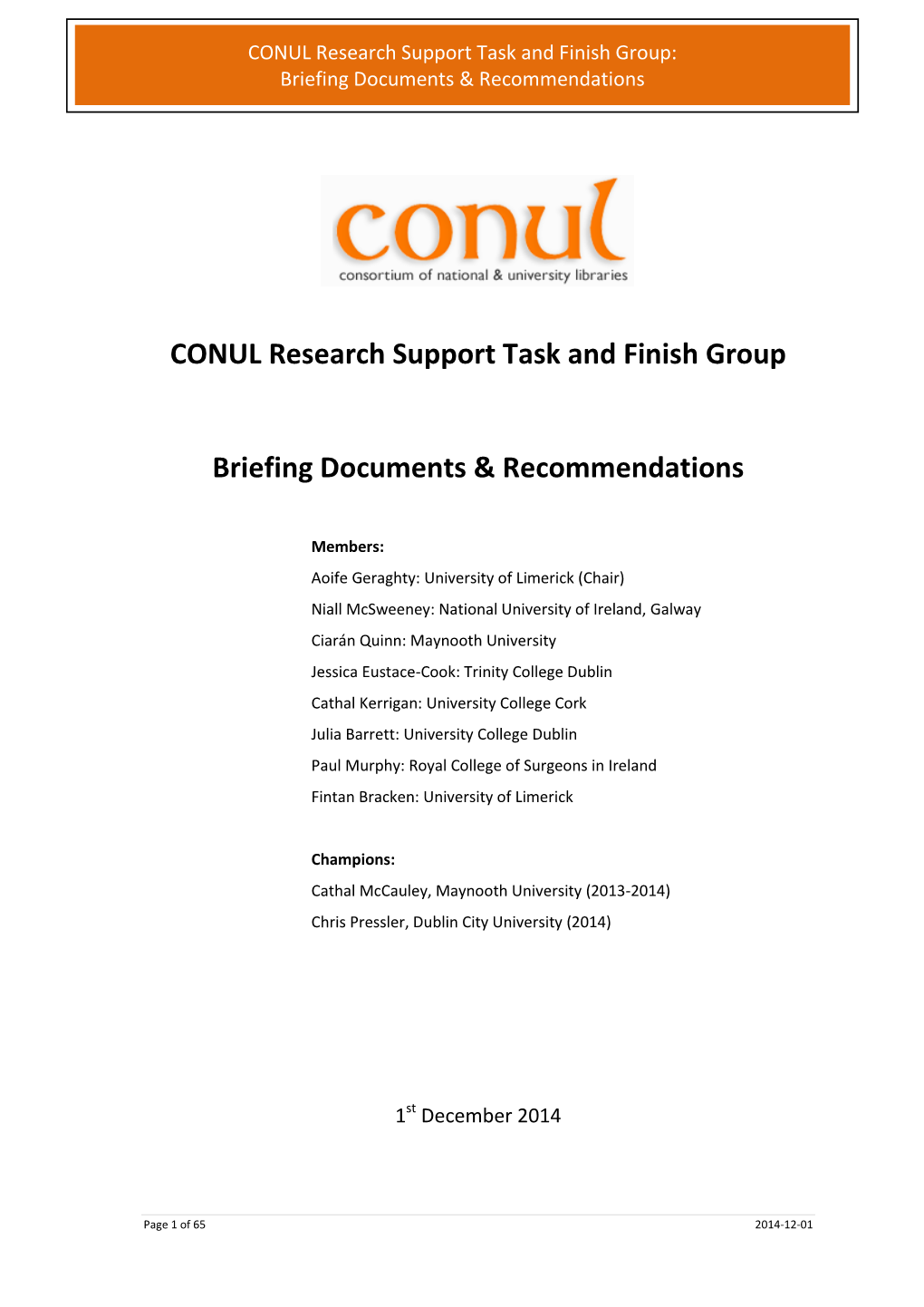 CONUL Research Support Task and Finish Group Briefing Documents