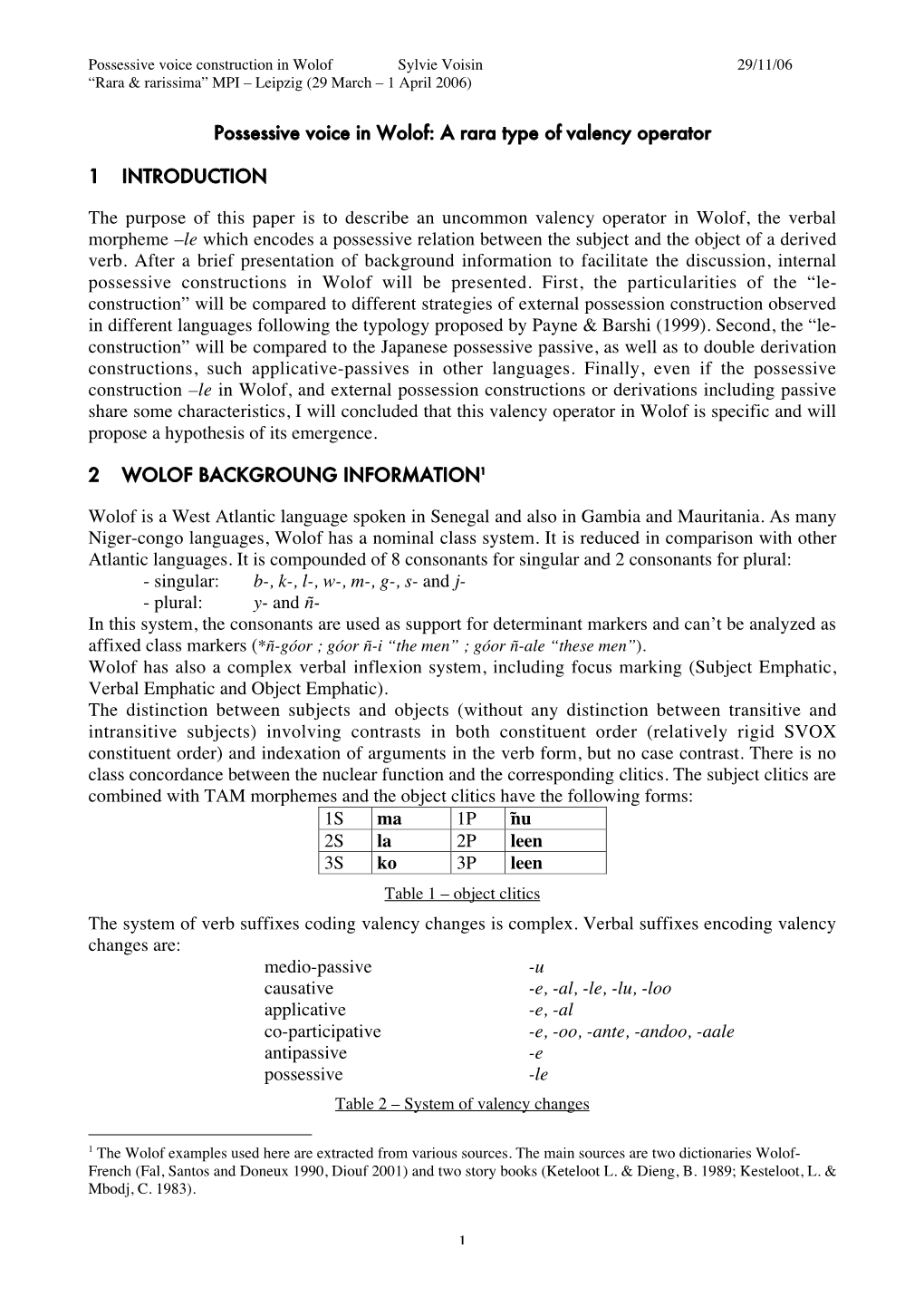 1 Possessive Voice in Wolof: a Rara Type of Valency Operator 1