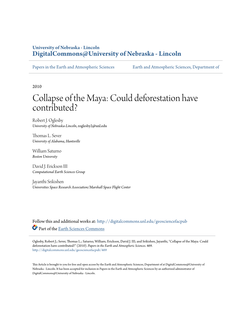 Collapse of the Maya: Could Deforestation Have Contributed? Robert J