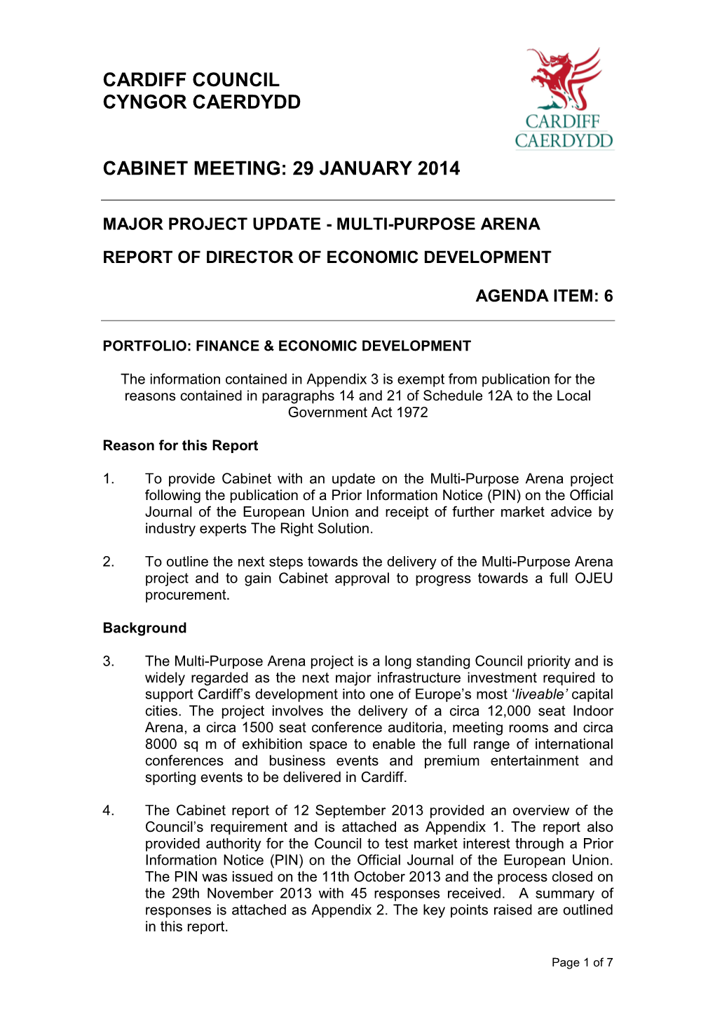Cardiff Council Cyngor Caerdydd Cabinet Meeting: 29 January 2014