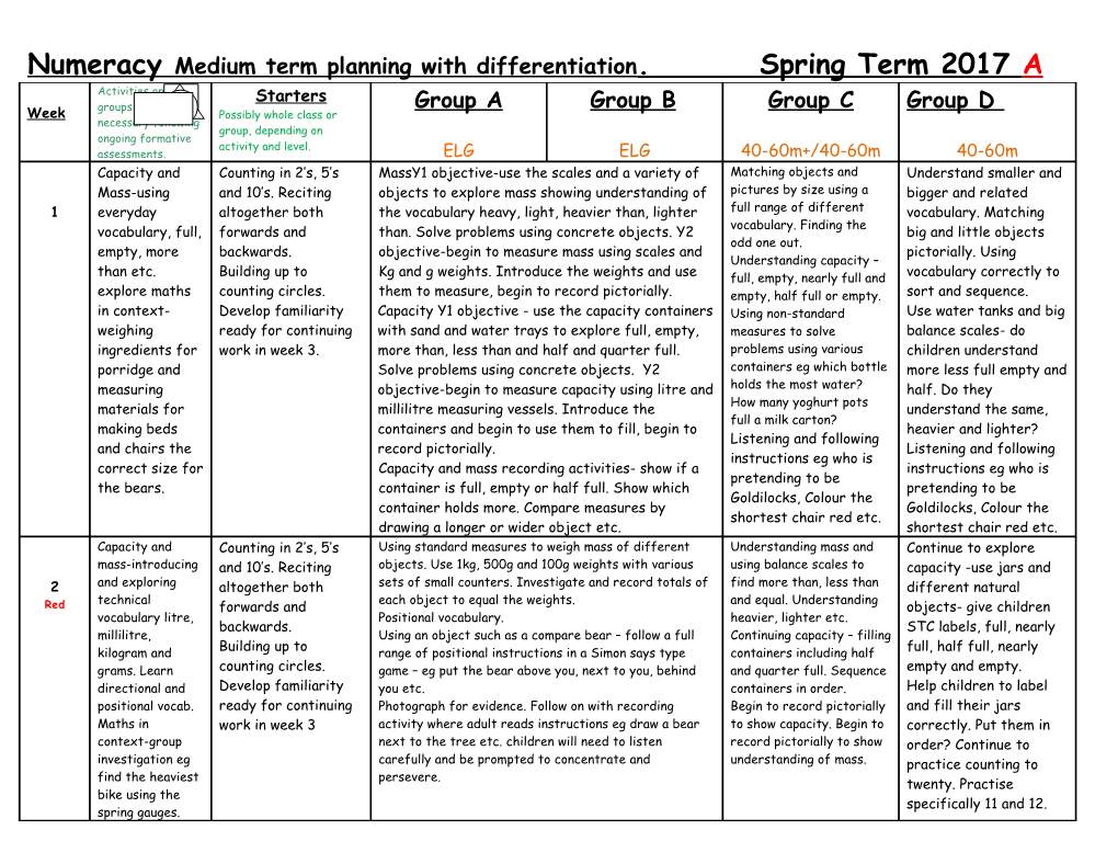 Numeracy Objectives (Groups) Spring Term 2006