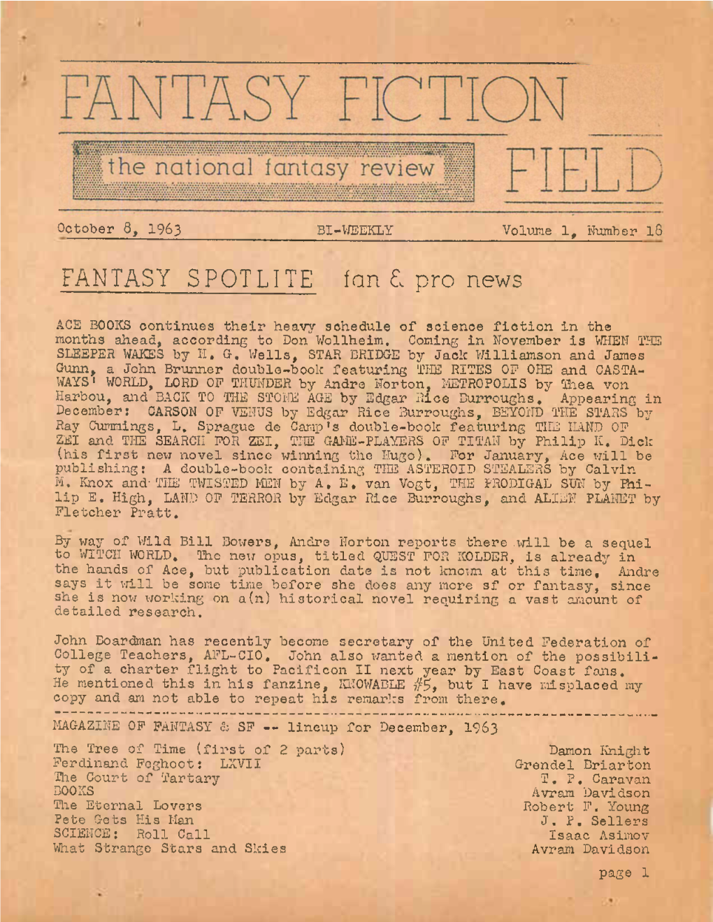 FANTASY FICTION FIELD Is Published Bi-Weekly by Harvey Inman, 1029 Elm Street, Grafton, Ohio Zplpolplp