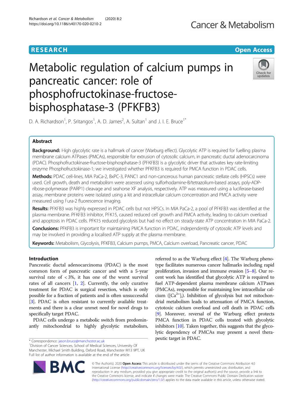 Metabolic Regulation of Calcium Pumps in Pancreatic Cancer: Role of Phosphofructokinase-Fructose- Bisphosphatase-3 (PFKFB3) D