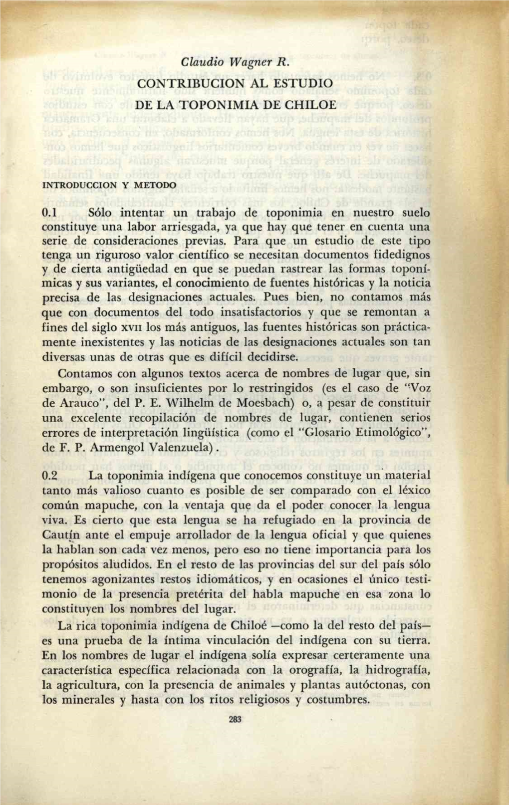 Claudio Wagner R. CONTRIBUCION AL ESTUDIO DE LA TOPONIMIA DE CHILOE