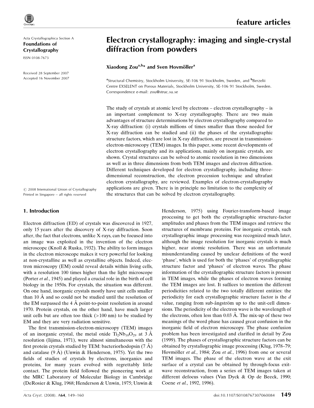 Electron Crystallography: Imaging and Single-Crystal Diffraction from Powders