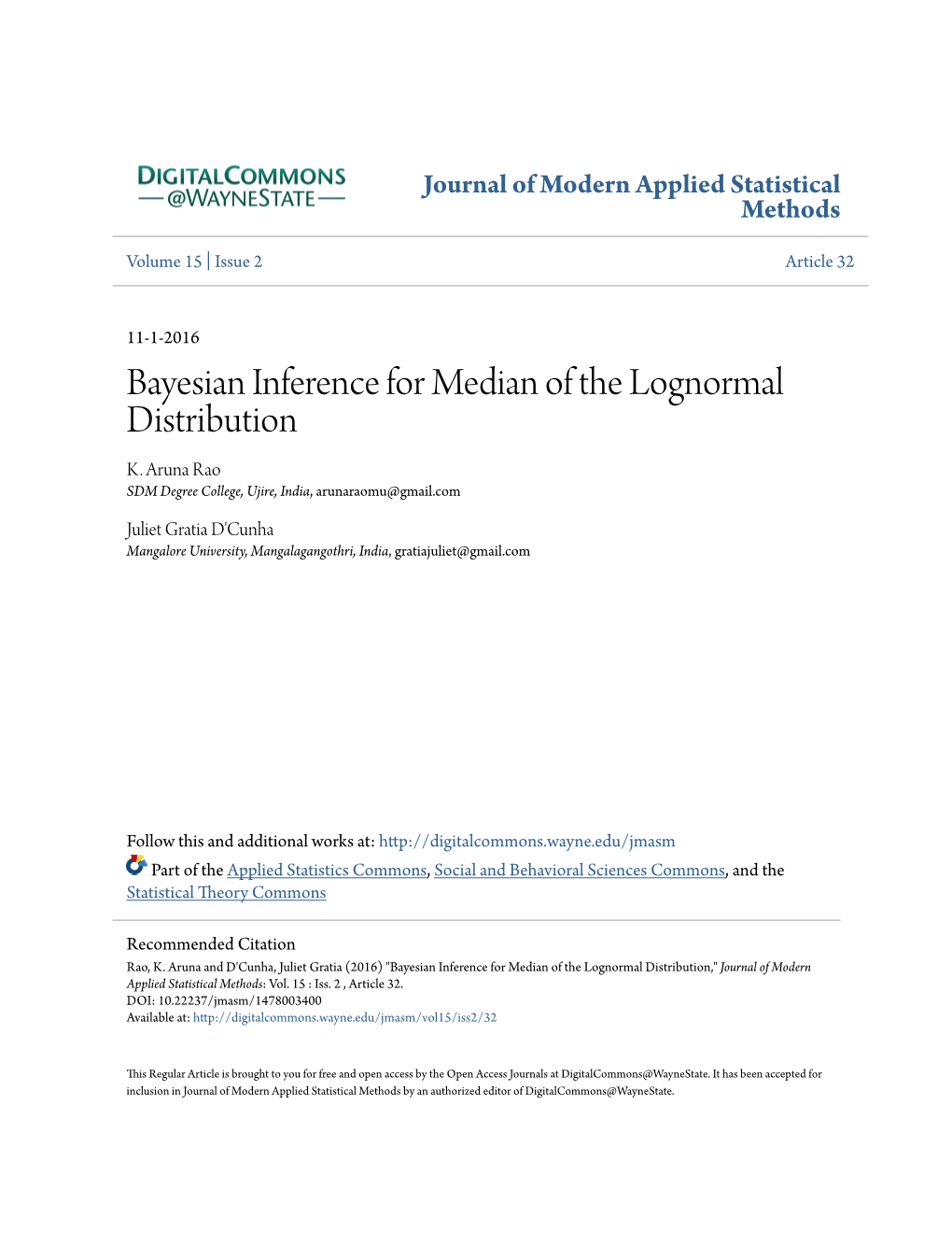 Bayesian Inference for Median of the Lognormal Distribution K