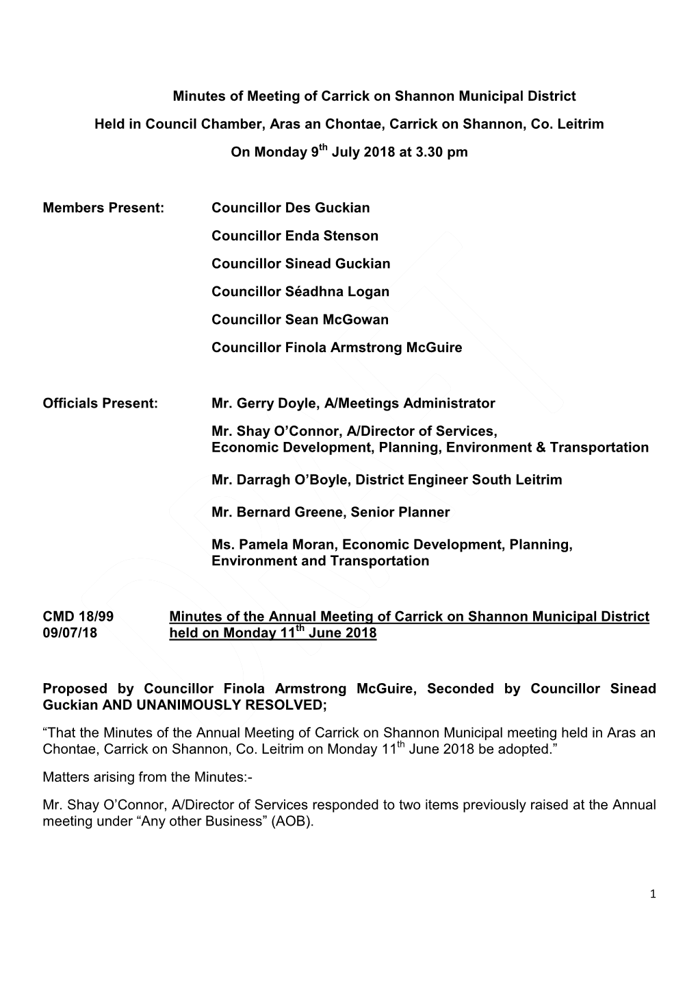 Minutes of Meeting of Carrick on Shannon Municipal District Held in Council Chamber, Aras an Chontae, Carrick on Shannon, Co. Le