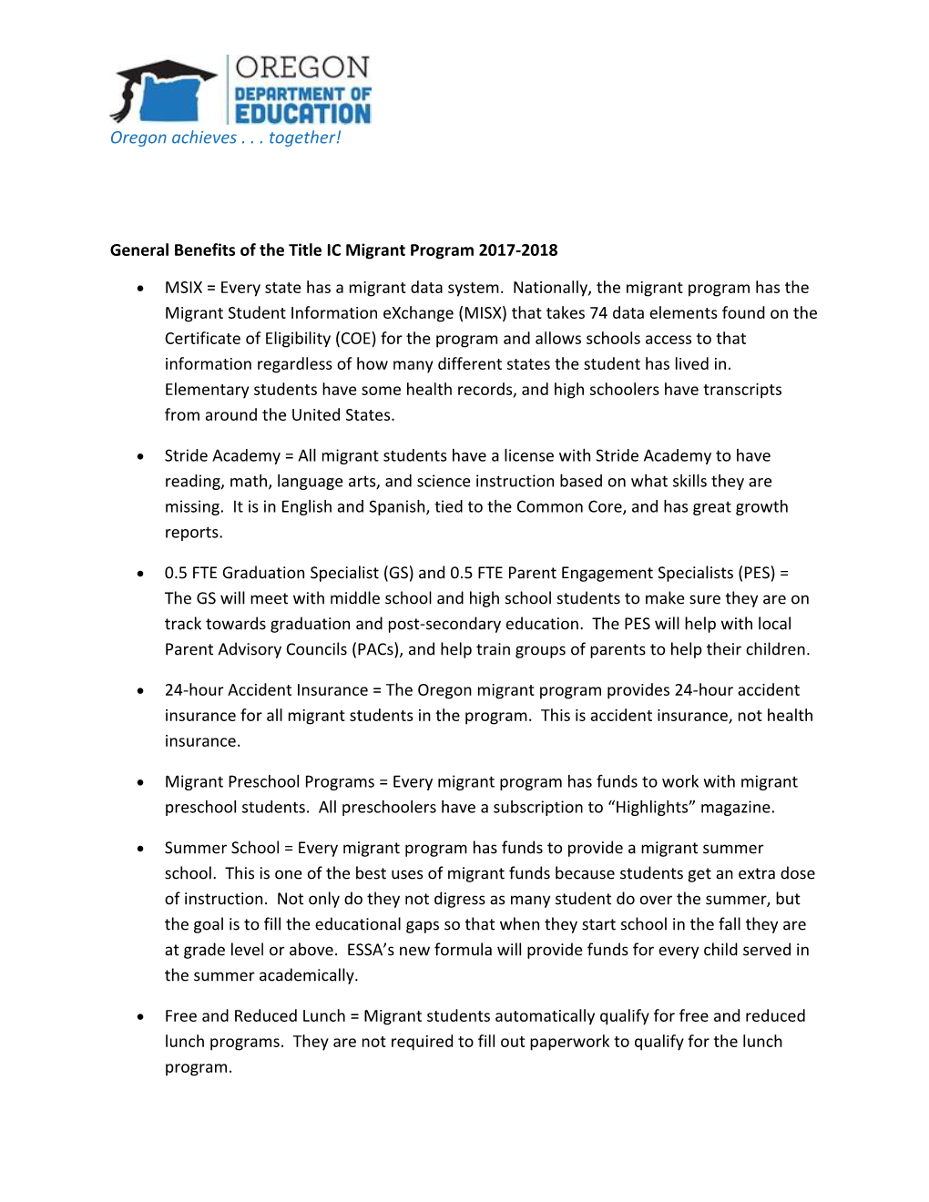 General Benefits of the Title IC Migrant Program 2017-2018