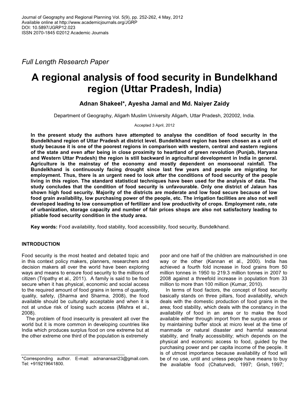 A Regional Analysis of Food Security in Bundelkhand Region (Uttar Pradesh, India)