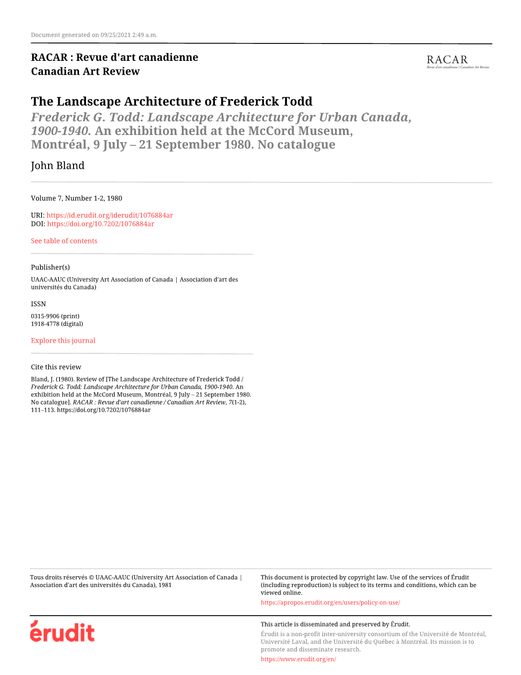 The Landscape Architecture of Frederick Todd / Frederick G