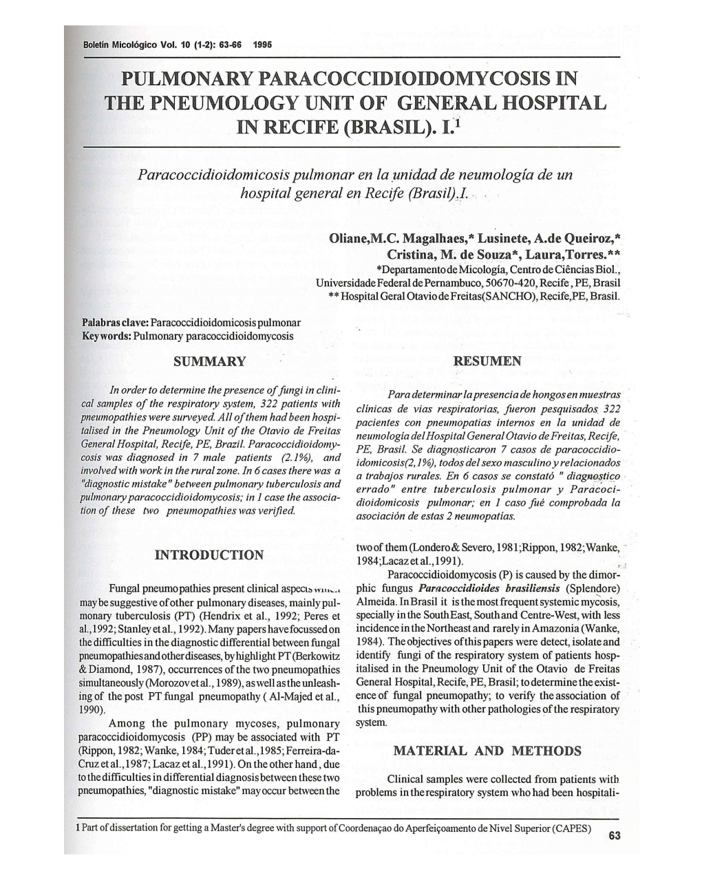 Pulmonary Paracoccidioidomycosis in the Pneumology Unit of General Hospital in Recife (Brasil)