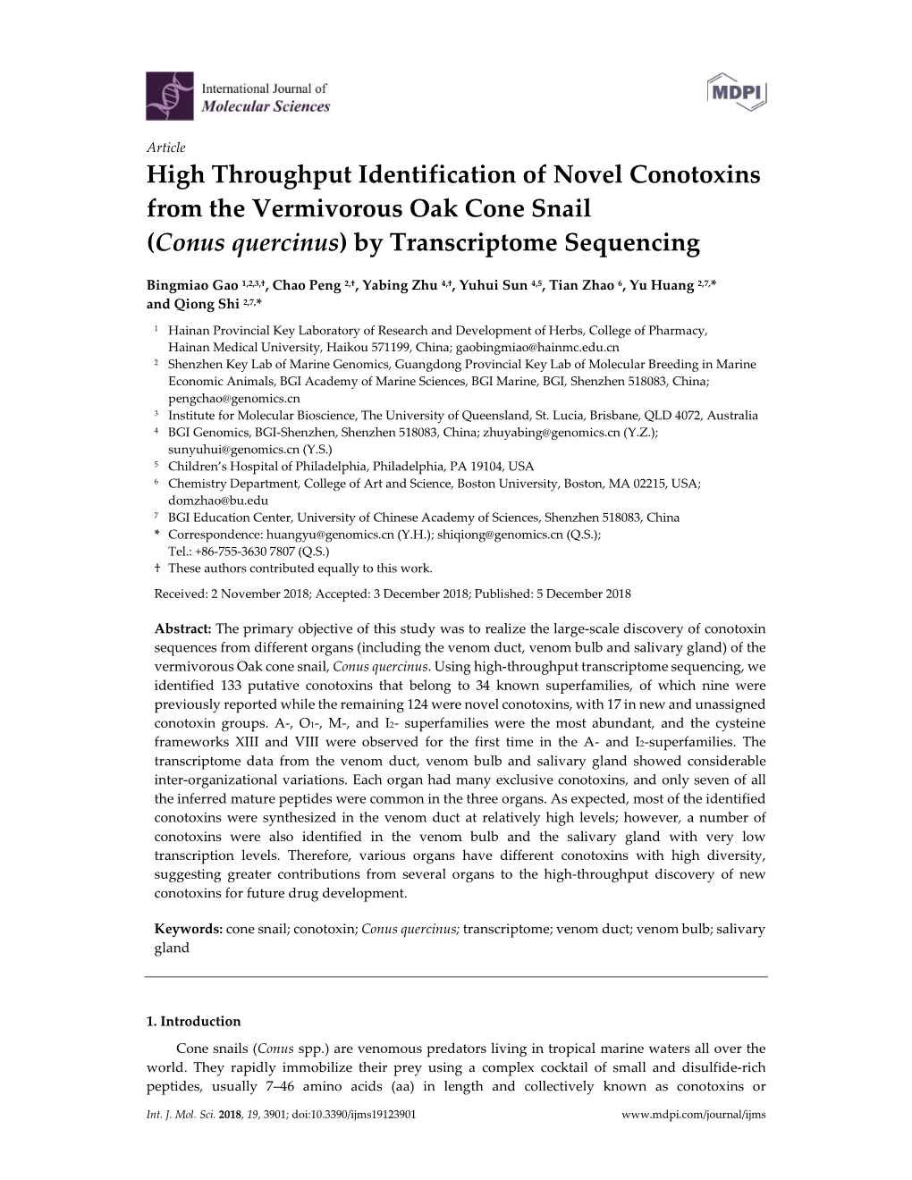 High Throughput Identification of Novel Conotoxins from the Vermivorous Oak Cone Snail (Conus Quercinus) by Transcriptome Sequencing