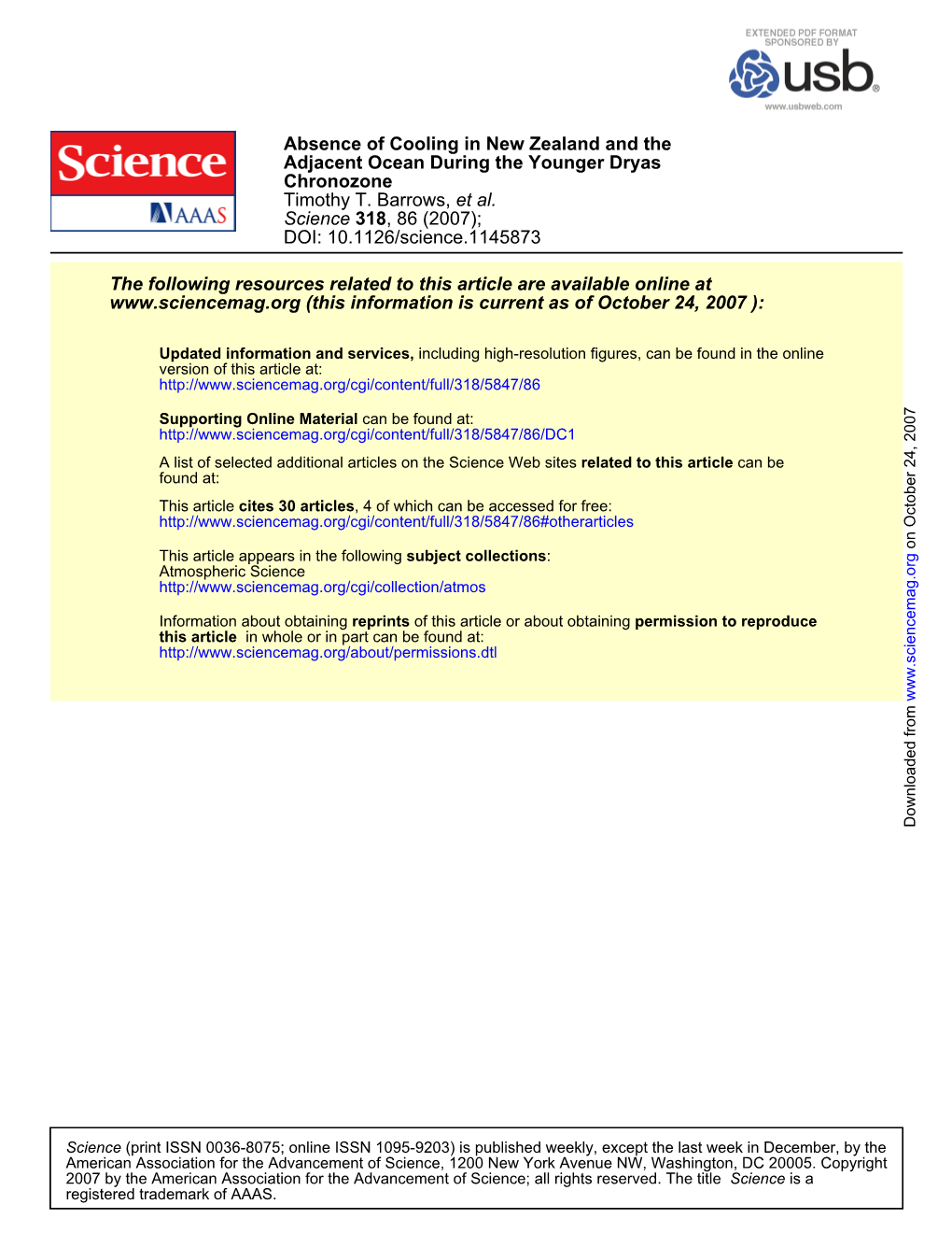 Absence of Cooling in New Zealand and the Adjacent Ocean During the Younger Dryas Chronozone Timothy T