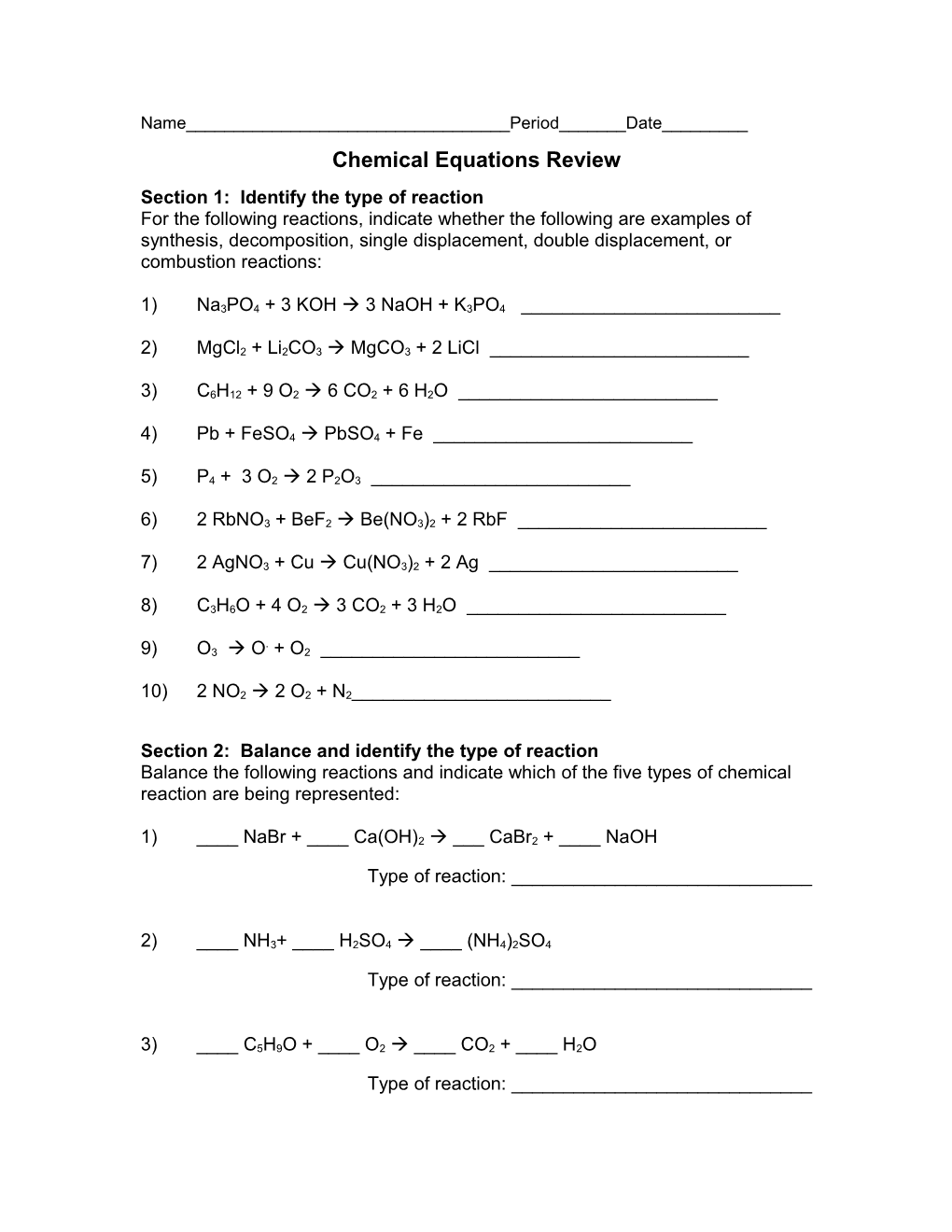 Balancing Chemical Equations Sheet