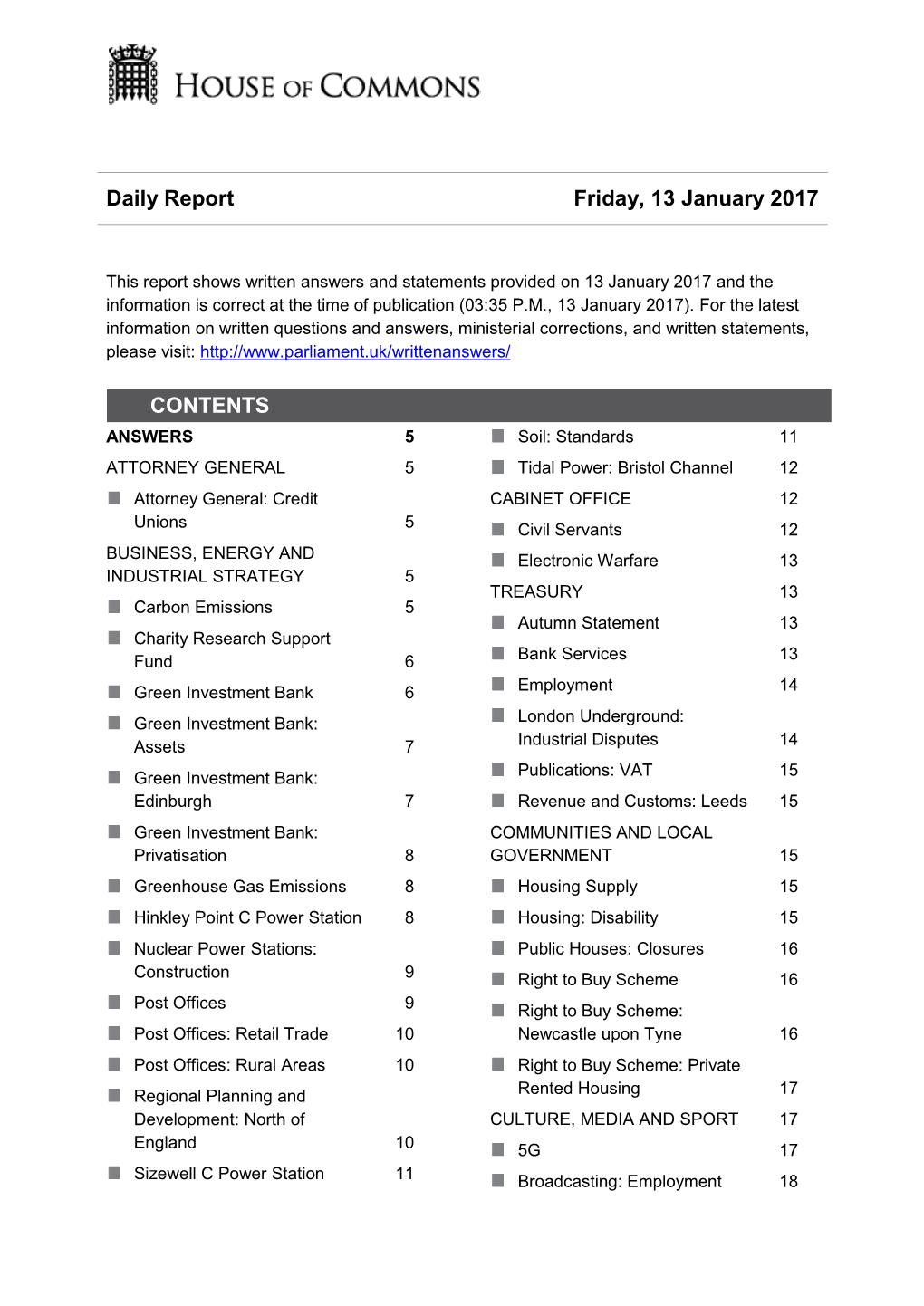 Daily Report Friday, 13 January 2017 CONTENTS