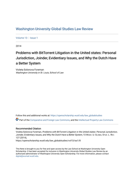 Problems with Bittorrent Litigation in the United States: Personal Jurisdiction, Joinder, Evidentiary Issues, and Why the Dutch Have a Better System