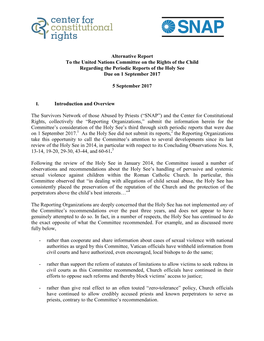Alternative Report to the United Nations Committee on the Rights of the Child Regarding the Periodic Reports of the Holy See Due on 1 September 2017