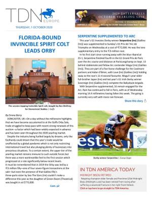 Florida-Bound Invincible Spirit Colt Leads Orby Cont