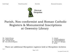 Parish, Non-Conformist and Roman Catholic Registers & Monumental