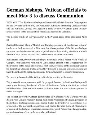 German Bishops, Vatican Officials to Meet May 3 to Discuss Communion