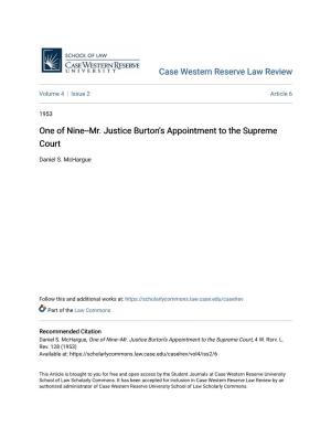 One of Nine--Mr. Justice Burton's Appointment to the Supreme Court