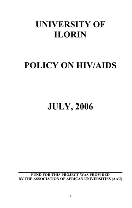 University of Ilorin Policy on Hiv/Aids July, 2006