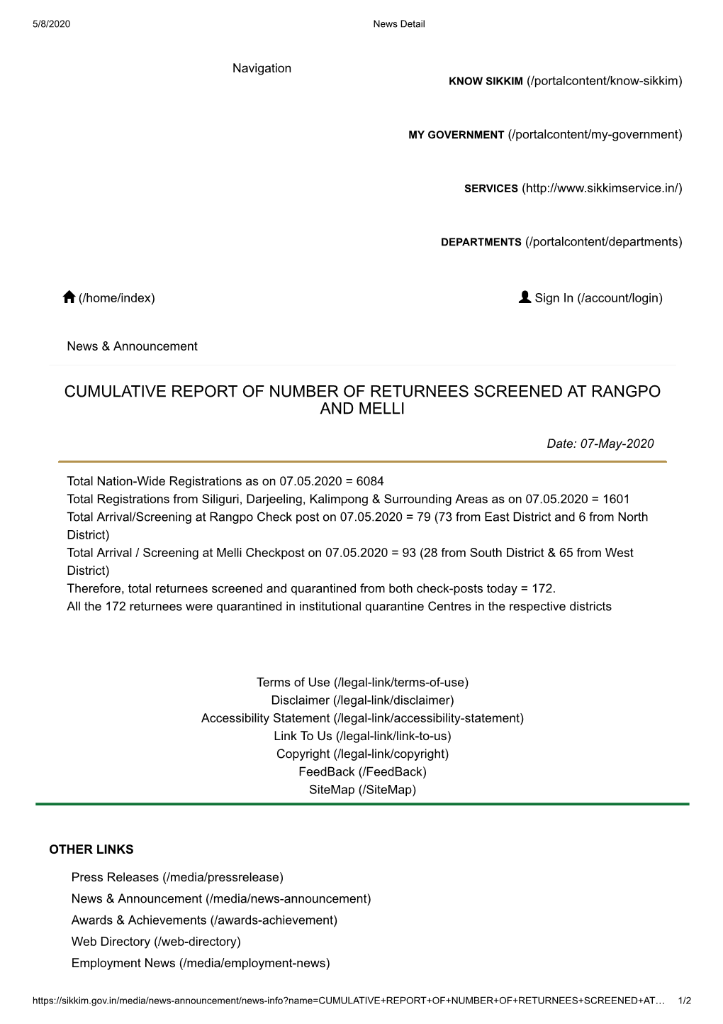 Cumulative Report of Number of Returnees Screened at Rangpo and Melli