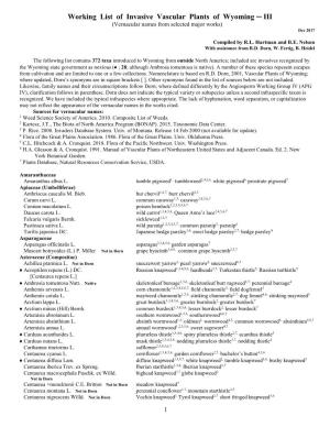 Working List of Invasive Vascular Plants of Wyoming ─ III (Vernacular Names from Selected Major Works) Dec 2017