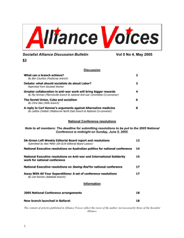 Socialist Alliance Discussion Bulletin Vol 5 No 4, May 2005 $2