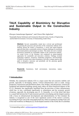 TALK Capability of Biomimicry for Disruptive and Sustainable Output in the Construction Industry
