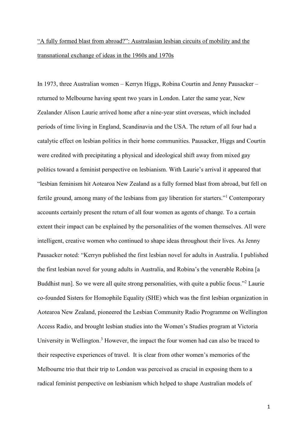 “A Fully Formed Blast from Abroad?”: Australasian Lesbian Circuits of Mobility and the Transnational Exchange of Ideas in the 1960S and 1970S