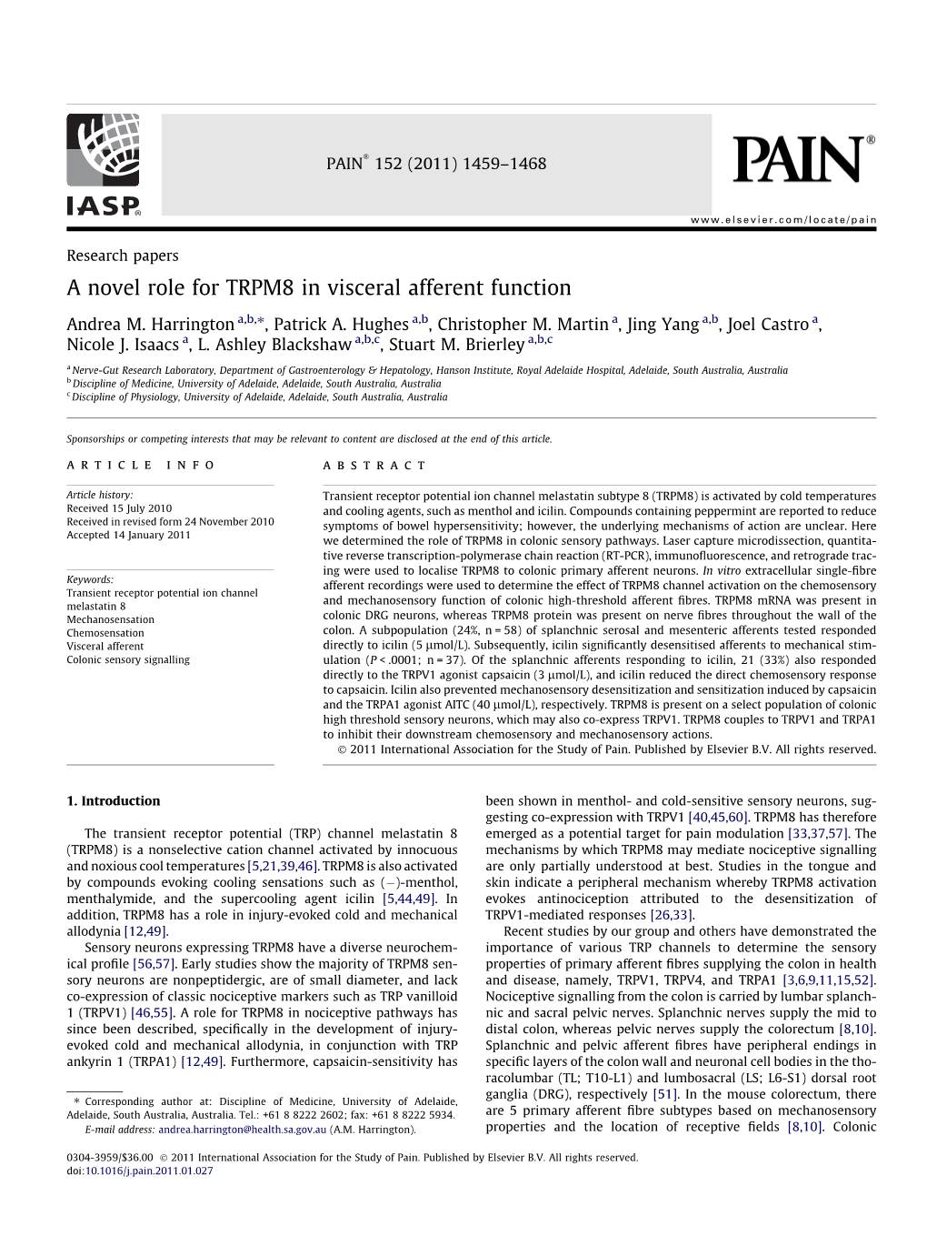 A Novel Role for TRPM8 in Visceral Afferent Function