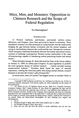 Opposition to Chimera Research and the Scope of Federal Regulation