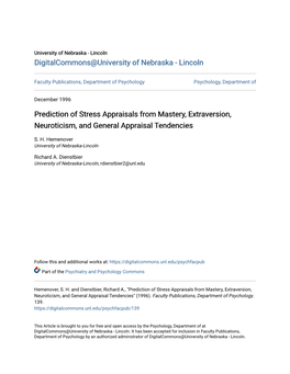 Prediction of Stress Appraisals from Mastery, Extraversion, Neuroticism, and General Appraisal Tendencies