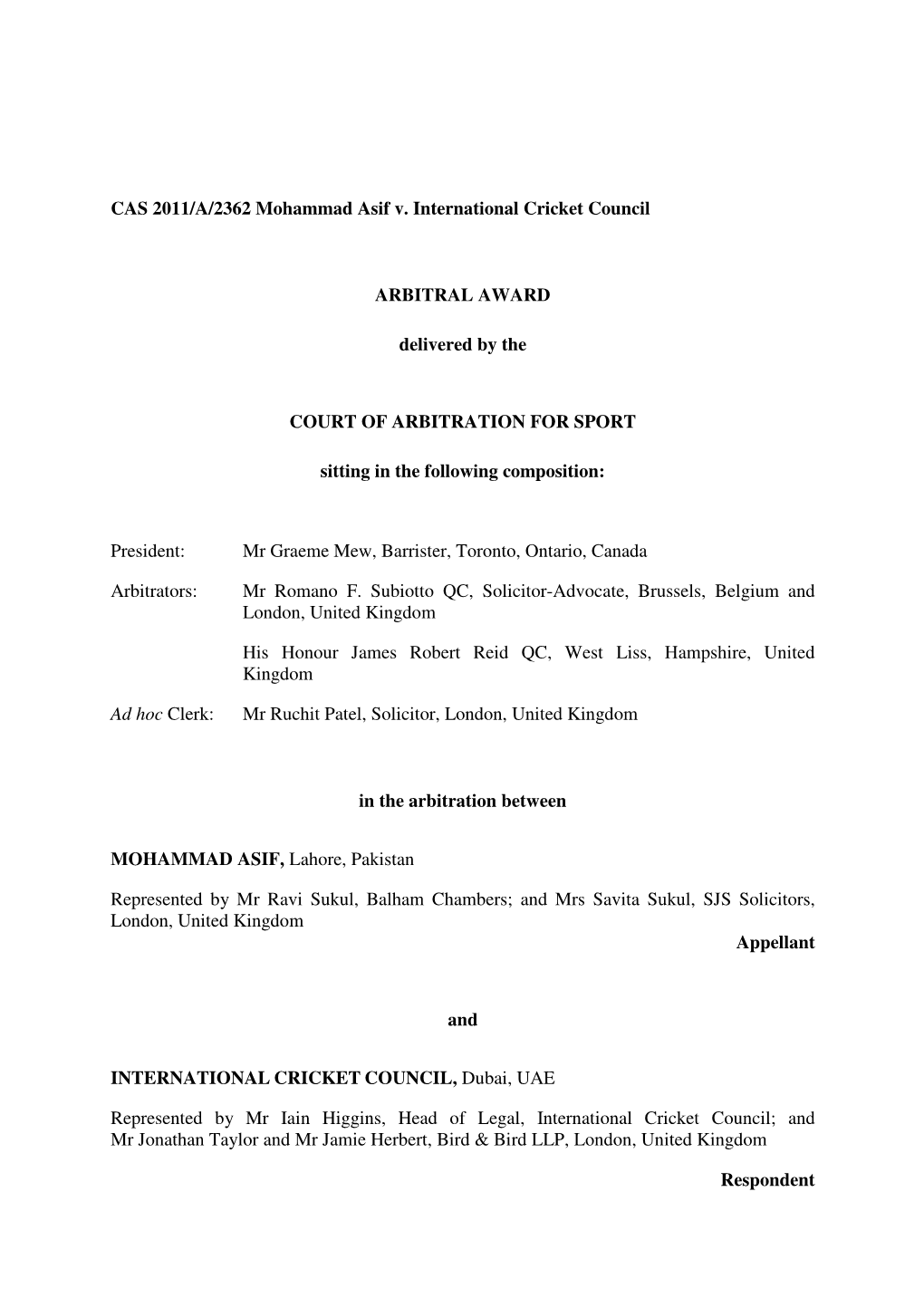 CAS 2011/A/2362 Mohammad Asif V. International Cricket Council