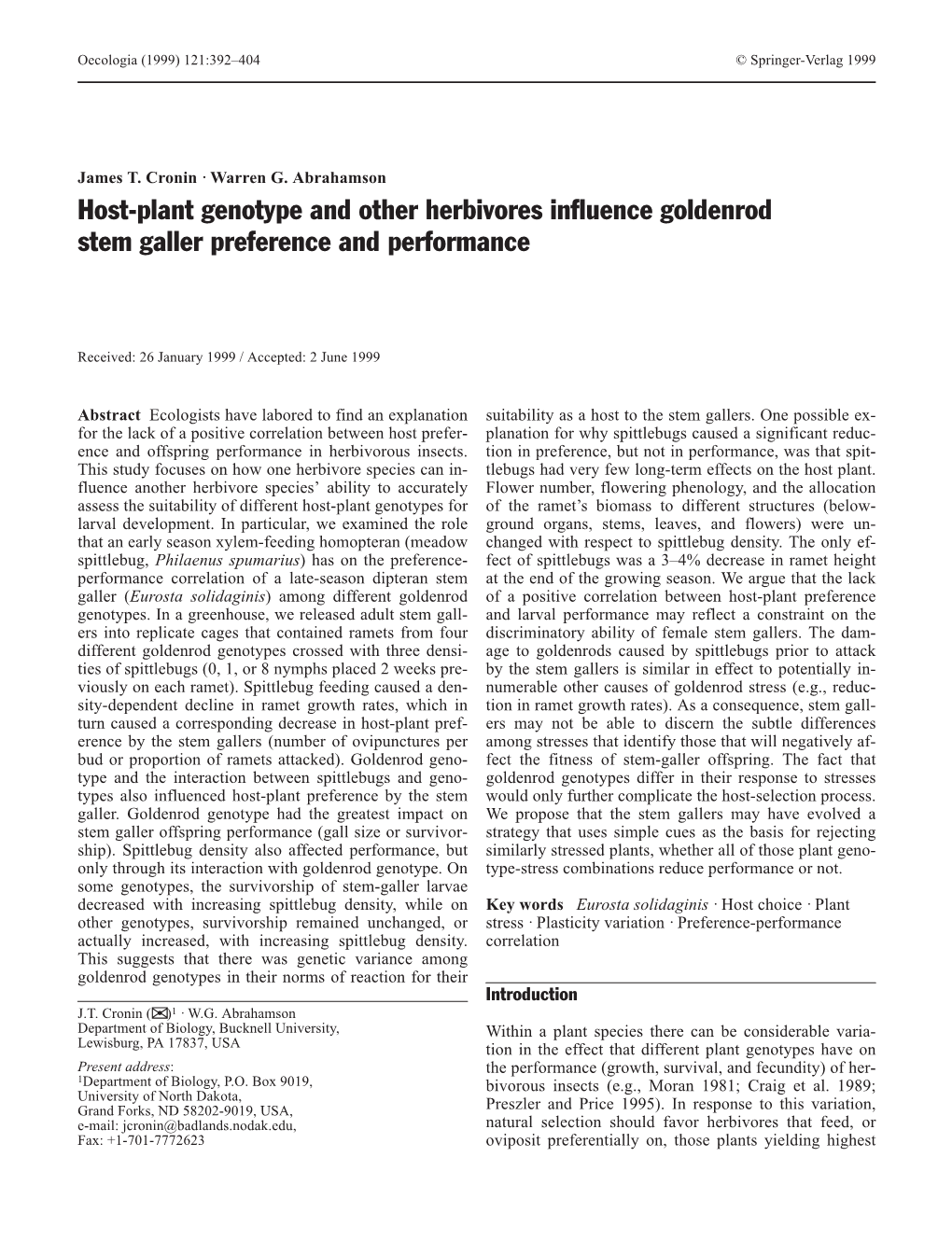 Host-Plant Genotype and Other Herbivores Influence Goldenrod Stem Galler Preference and Performance