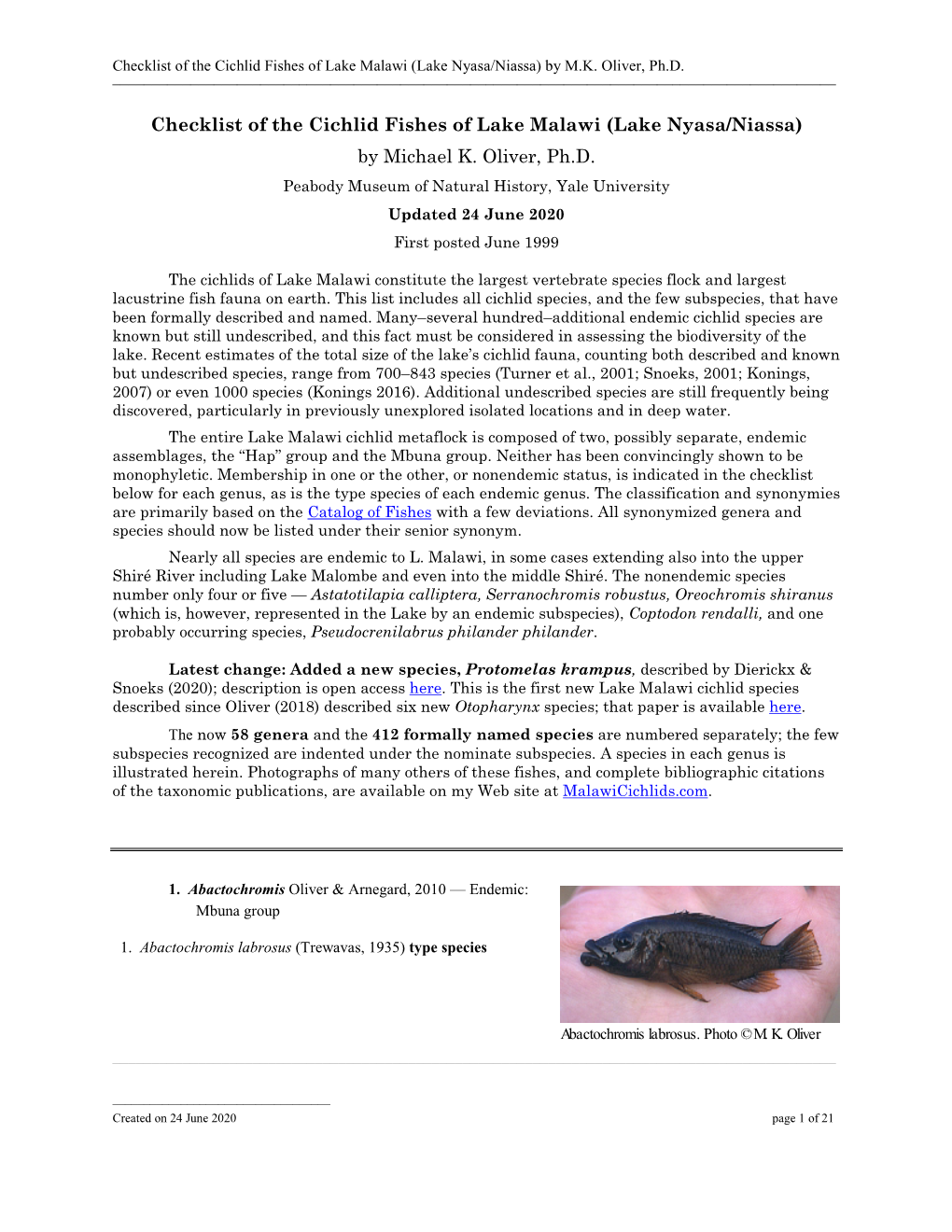 Checklist of the Cichlid Fishes of Lake Malawi (Lake Nyasa)