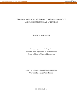 Design and Simulation of Leakage Current in Smart Power Module (Spm) Motor Drive Application