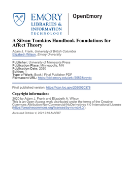 A Silvan Tomkins Handbook Foundations for Affect Theory Adam J