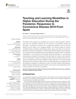 Teaching and Learning Modalities in Higher Education During the Pandemic: Responses to Coronavirus Disease 2019 from Spain